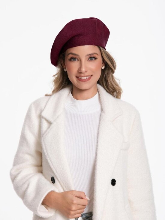 Women\'s French Style Double Layer Warm and Soft Knitted Beanie Hat Wine Red main image 5
